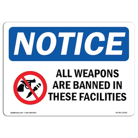 Signmission OSHA Sign, 18" H, 24" W, Aluminum, NOTICE All Weapons Are Banned In These Facilities Sign, Landscape OS-NS-A-1824-L-15246